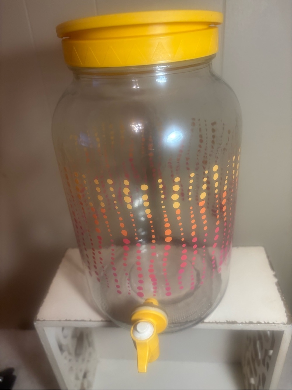 Source Unknown Yellow and Pink Dot Glass Beverage Dispenser with Spigot